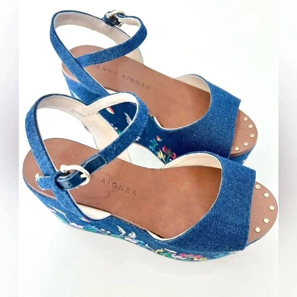 Etienne Aigner Sofhia Floral Embroidered Denim Platform Strappy Shoes‎ Size 6.5 - Picture 3 of 16